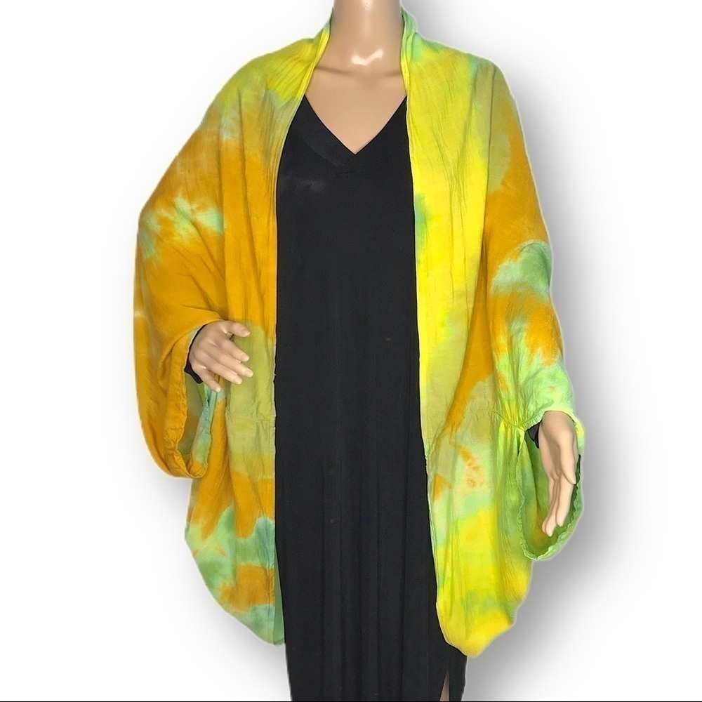 Hand tie dyed rayon cocoon jacket wrap shawl gold green blue ocean underwater